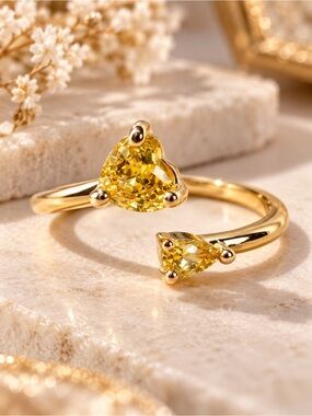 Gold Tone Yellow Heart & Pear CZ Open Adjustable Ring